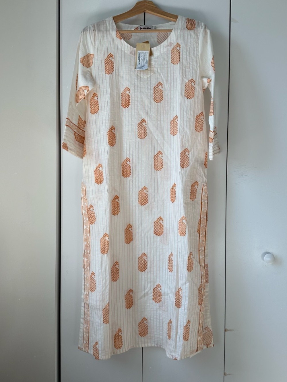 NWT Fabindia Cotton Paisley Block Print Long Kurta Tunic Dress White Orange S